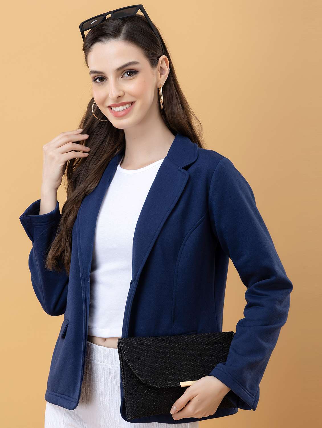 women solid navy blue fleece regular jacket - 22443702 -  Standard Image - 2