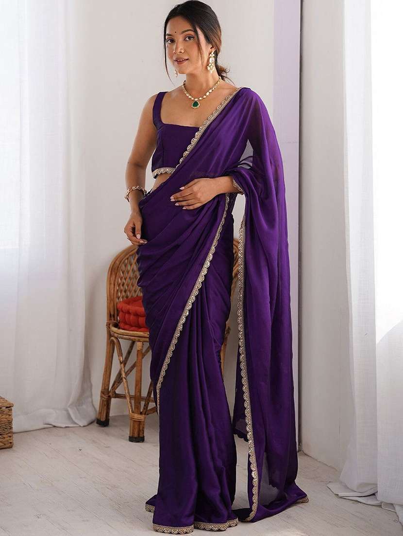 women solid with bordered saree - 22444510 -  Standard Image - 2