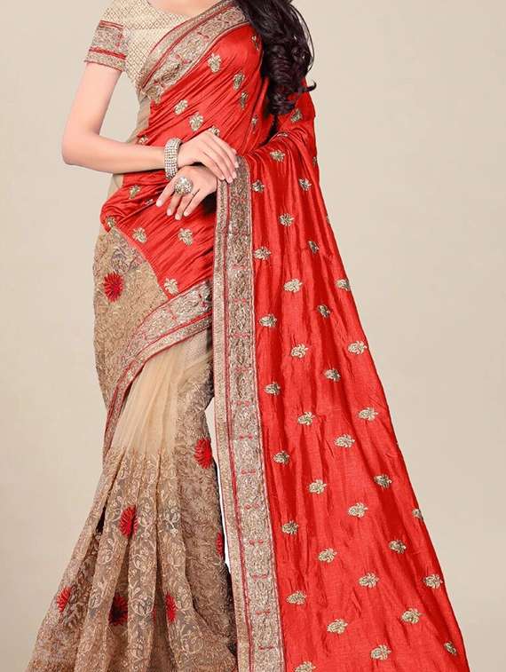 women solid with work half & half saree - 22444941 -  Standard Image - 2
