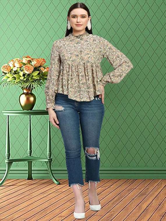 Women Printed Long Sleeves Peplum Top - 22446550 -  Standard Image - 2