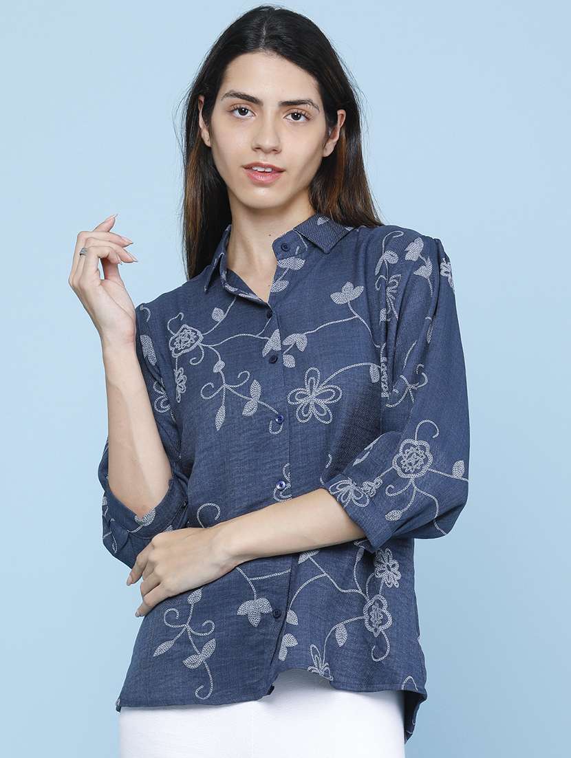 women embroidered three quarter sleeves shirt style top - 22446630 -  Standard Image - 2