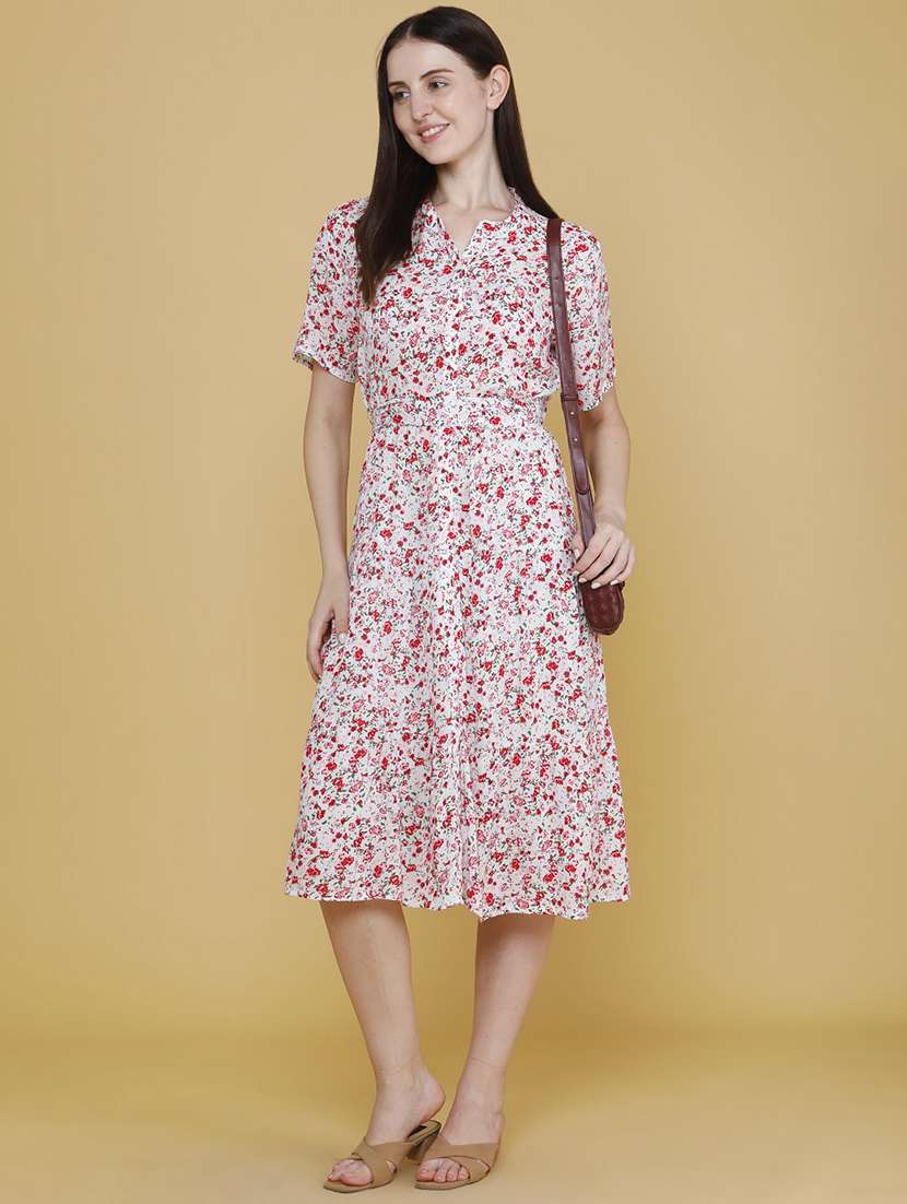 women printed mandarin neck a-line dress