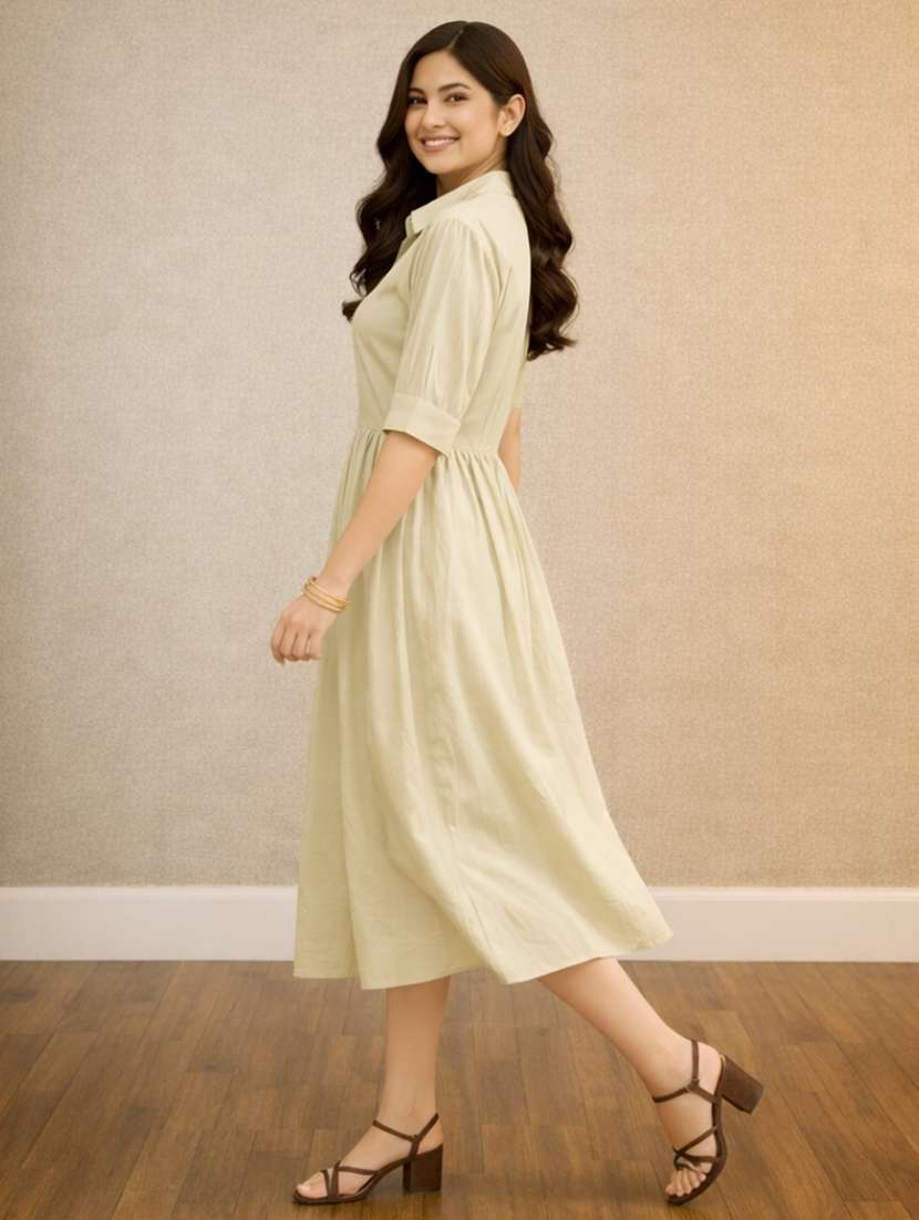 women cotton a-line fit and flare beige dress - 22447568 -  Standard Image - 2