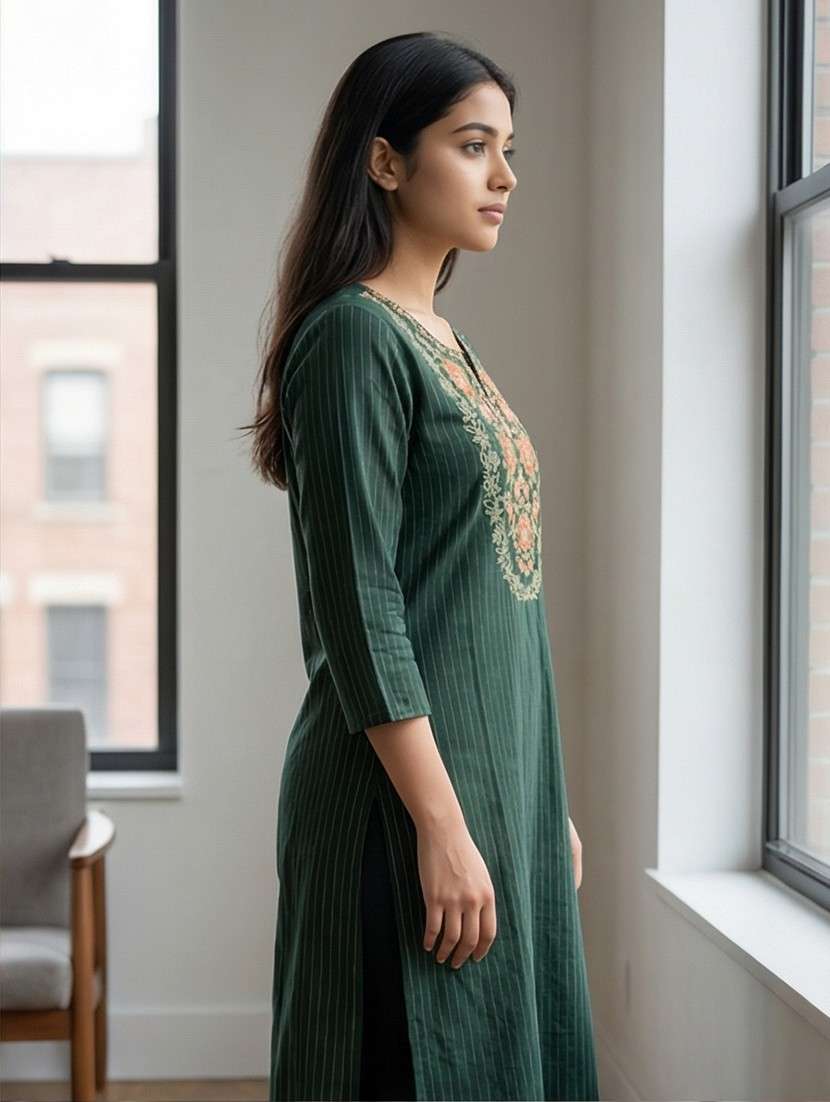 women striped three quarter sleeve straight kurta - 22447617 -  Standard Image - 2