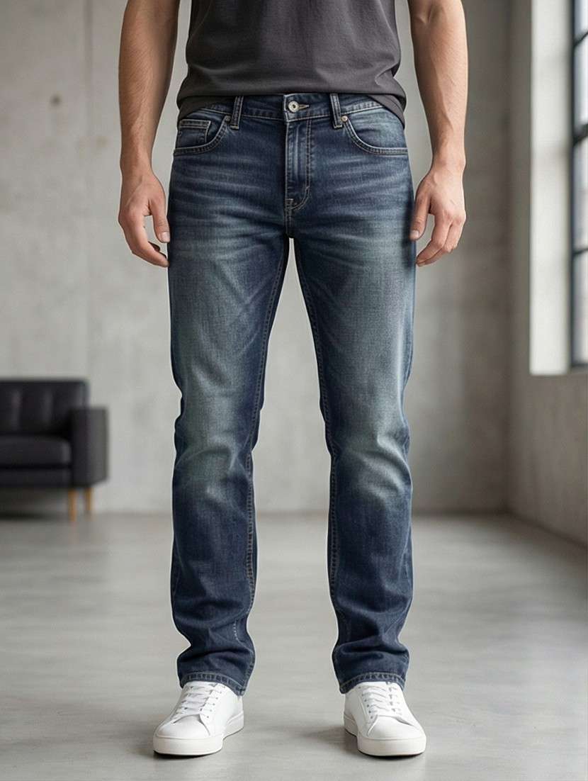 men washed high rise full length tapered jeans