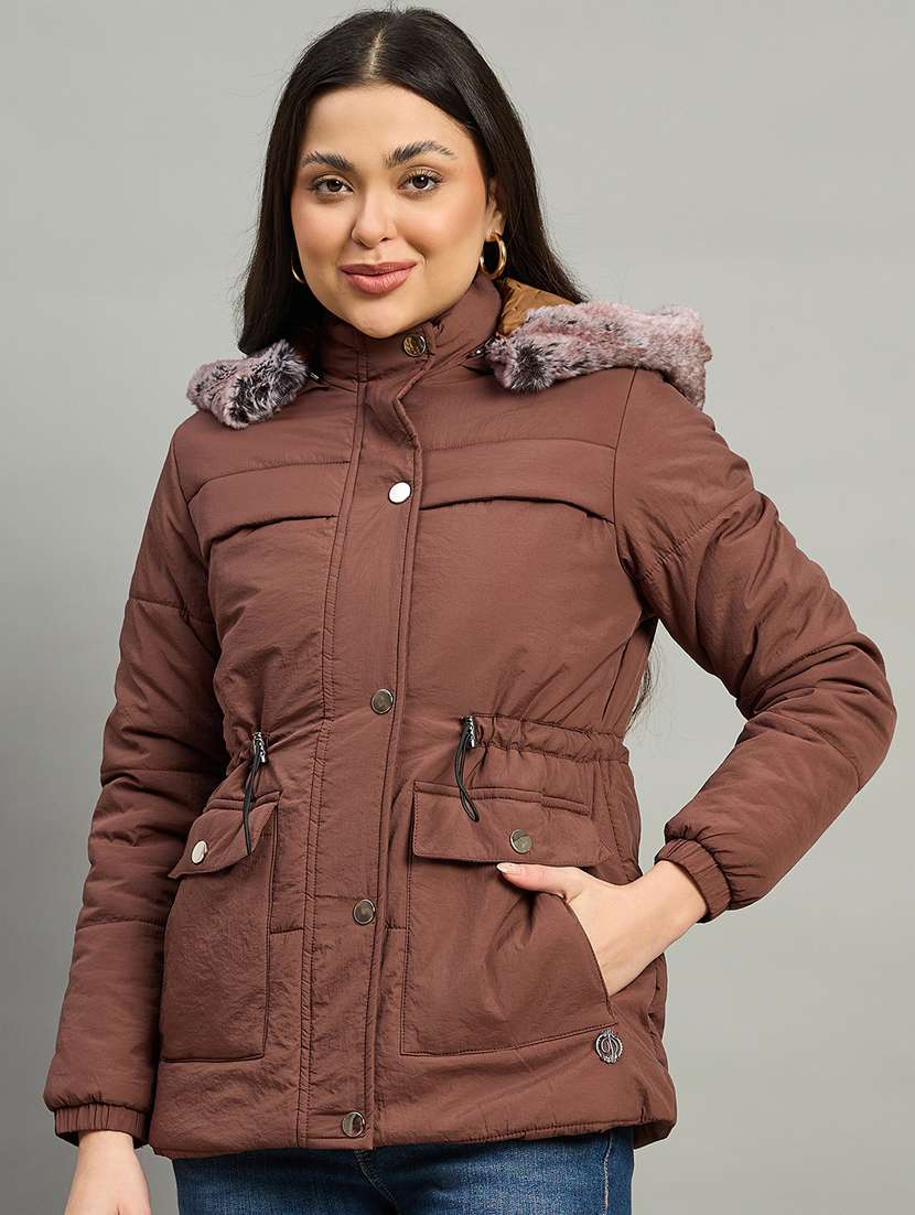 women solid long sleeve parka jacket