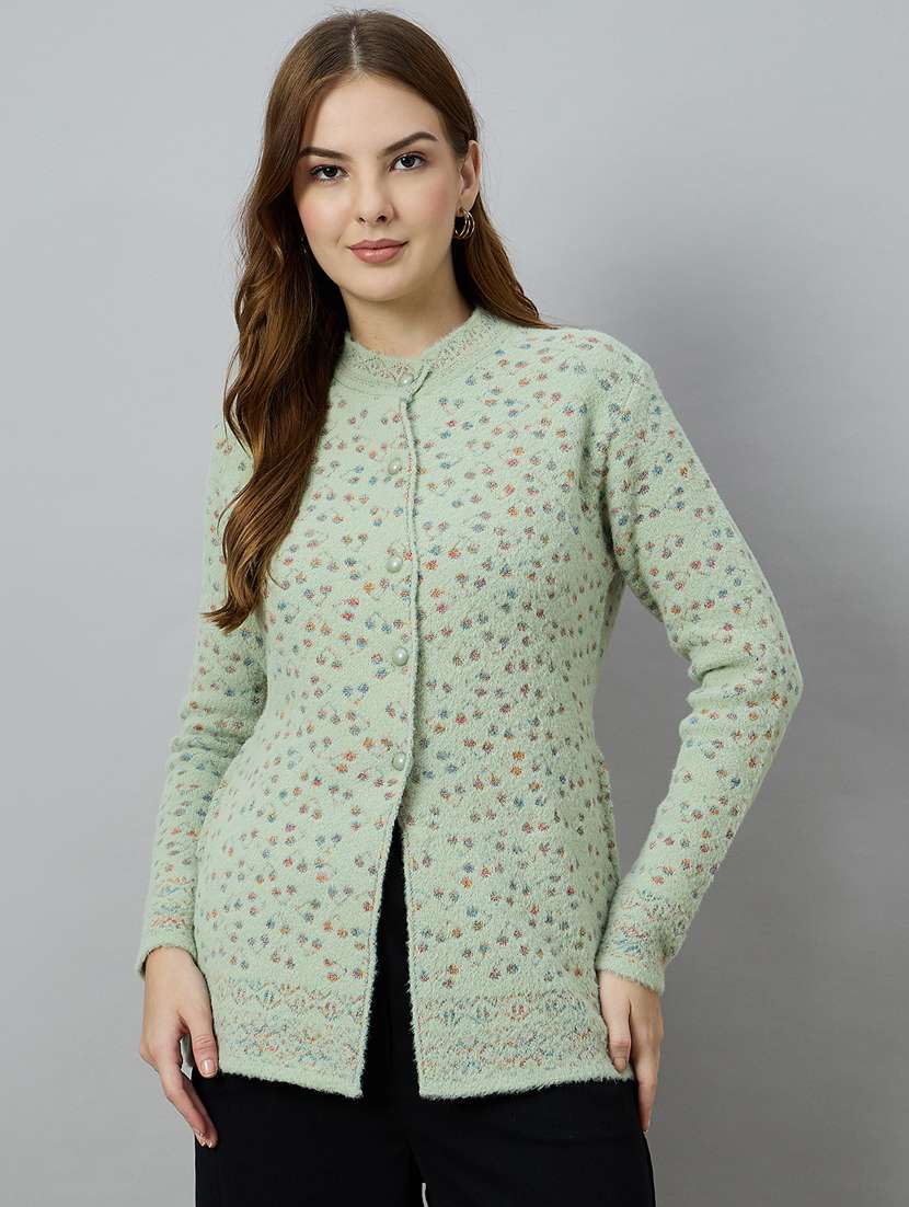 women sea green acrylic plain cardigan