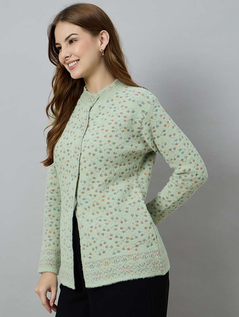women sea green acrylic plain cardigan - 22448124 -  Standard Image - 2