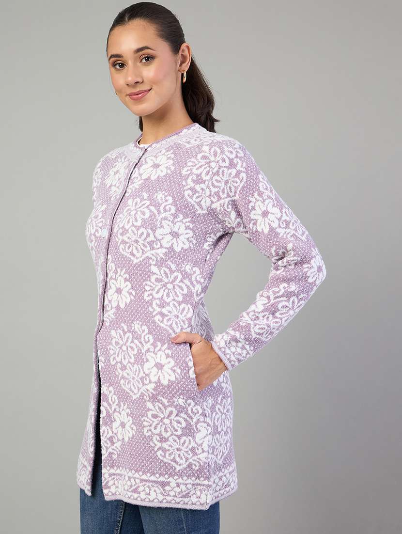 Women Purple Acrylic Plain Cardigan - 22448139 -  Standard Image - 2