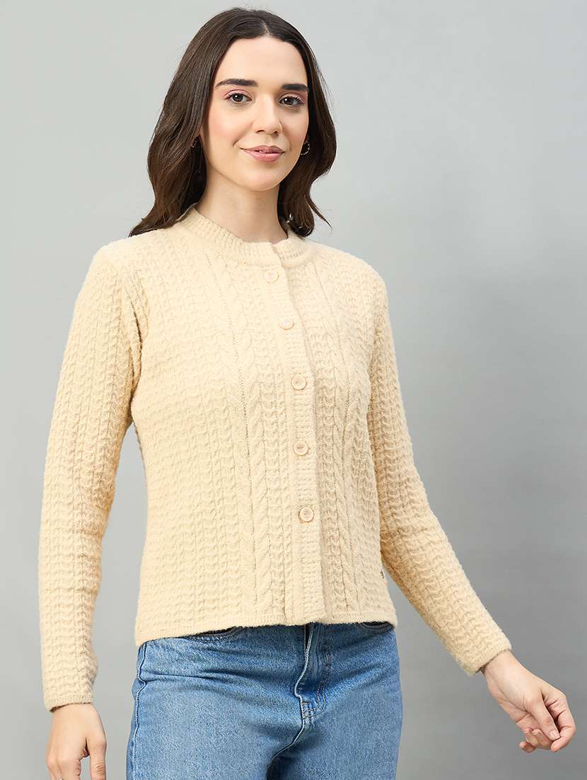 women beige acrylic plain cardigan - 22448225 -  Standard Image - 2