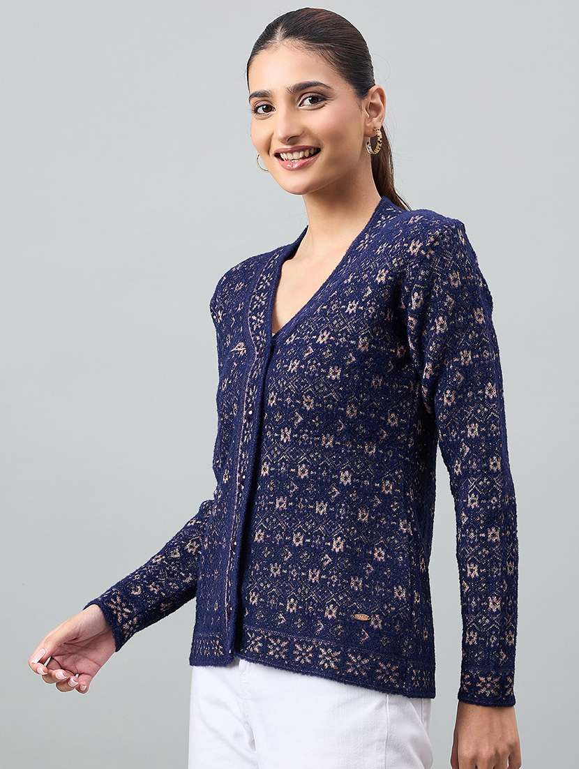 women blue acrylic plain cardigan - 22448319 -  Standard Image - 2