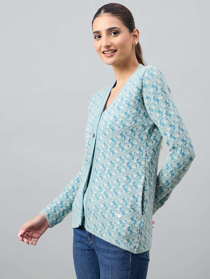 women blue acrylic plain cardigan - 22448323 -  Standard Image - 2