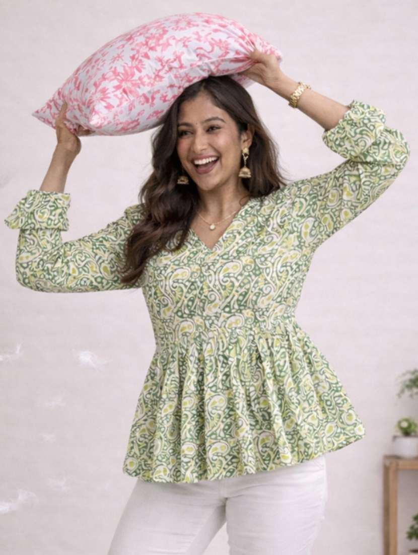 women floral pink cotton a line top - 22448339 -  Standard Image - 2