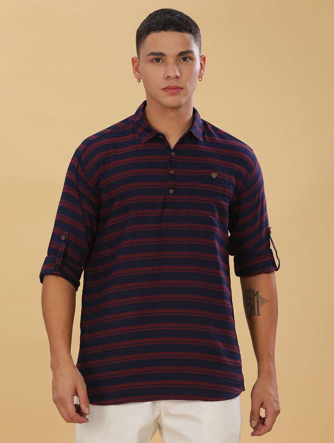 men striped long sleeve short kurta - 22448539 -  Standard Image - 2