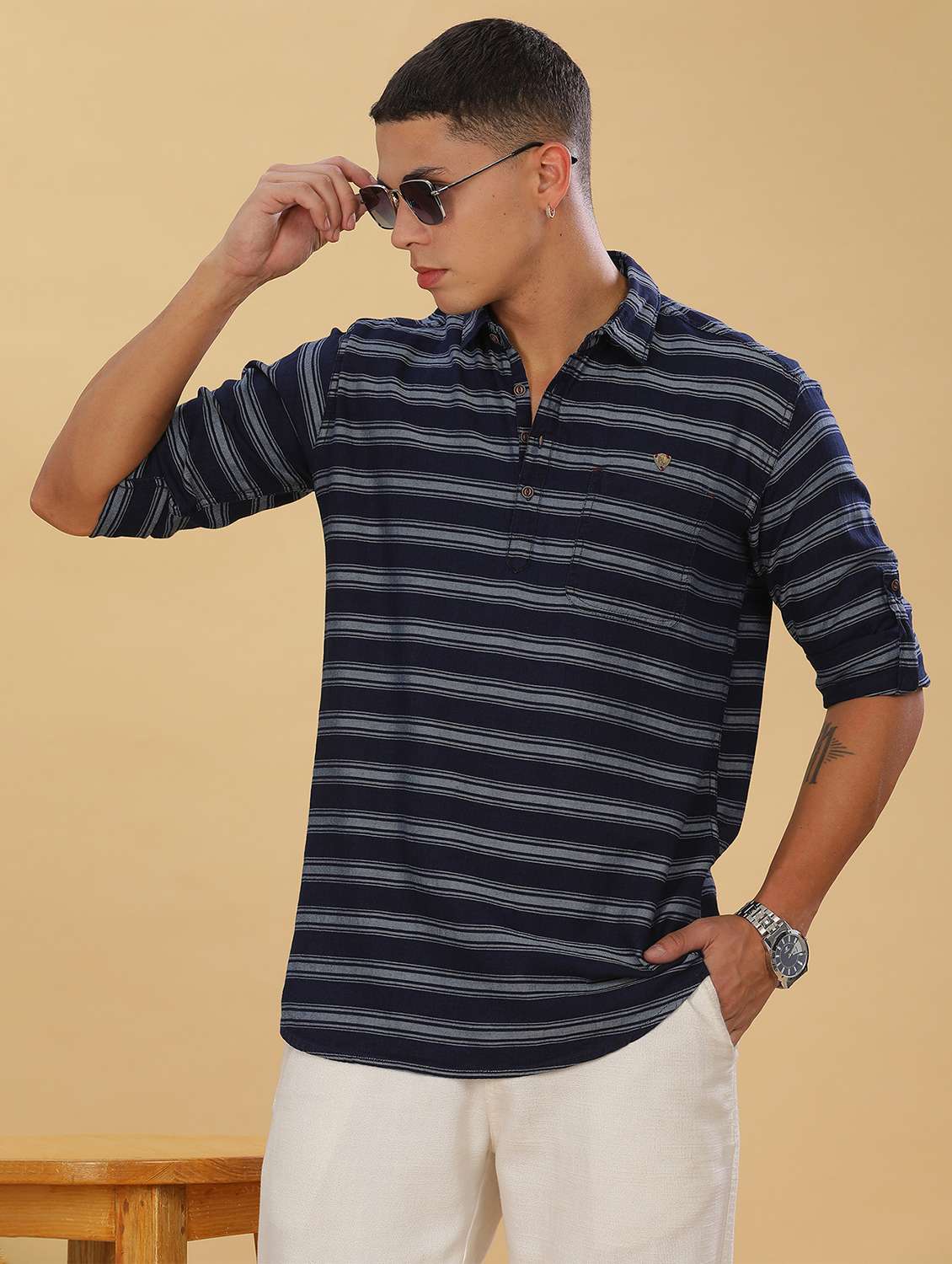 men striped long sleeve short kurta