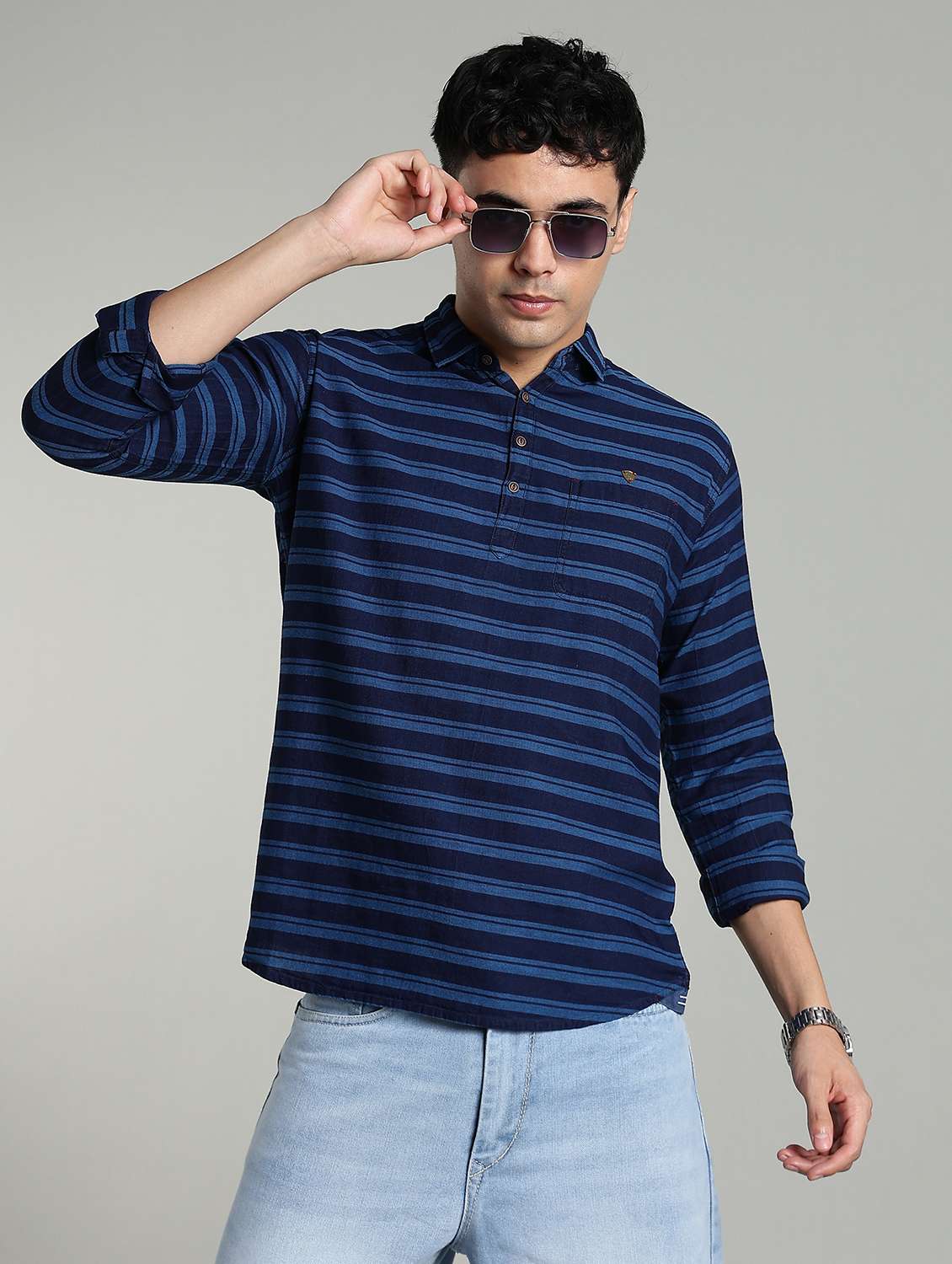 men striped long sleeve short kurta - 22448541 -  Standard Image - 2