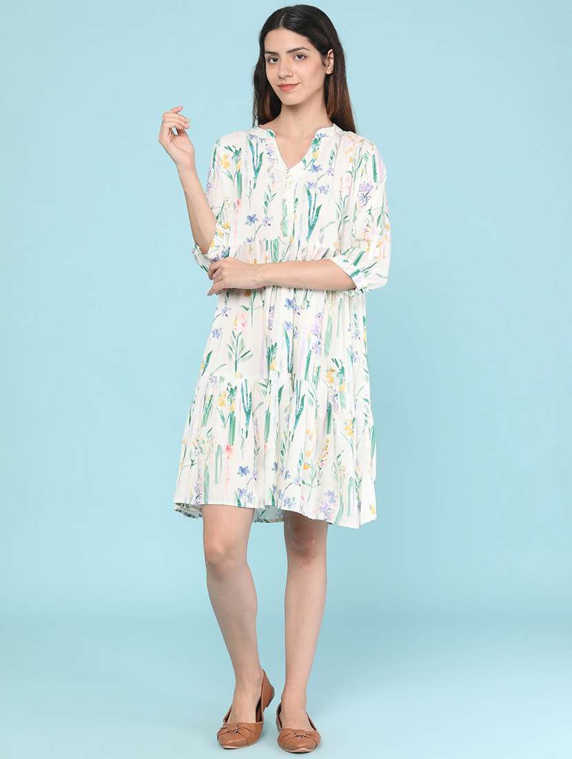 women printed three quarter sleeves tiered dress - 22449387 -  Standard Image - 2