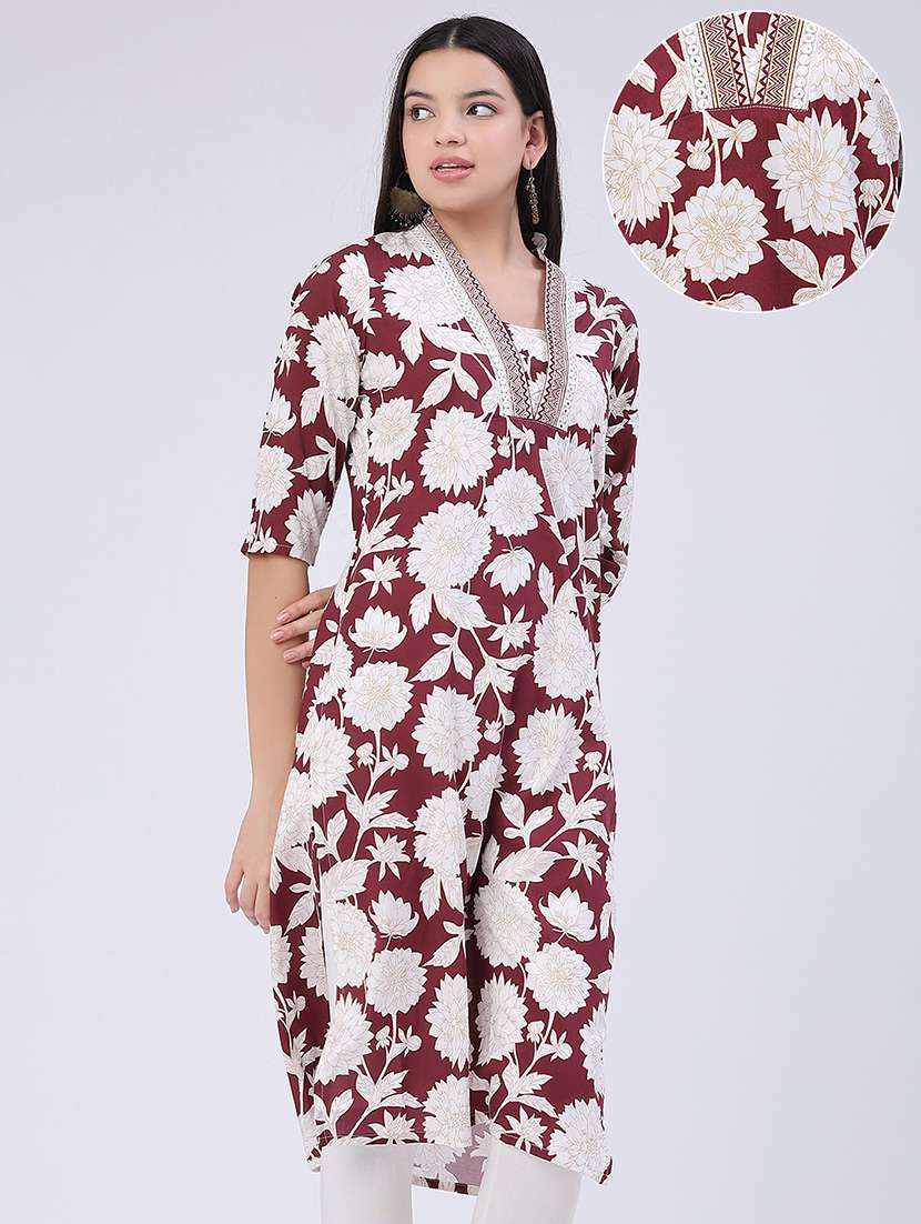 Women Printed Three Quarter Sleeves Straight Kurta - 22449465 -  Standard Image - 2
