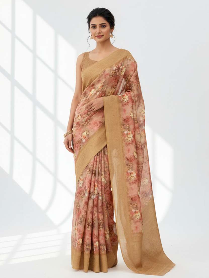 women floral printed bordered saree with blouse