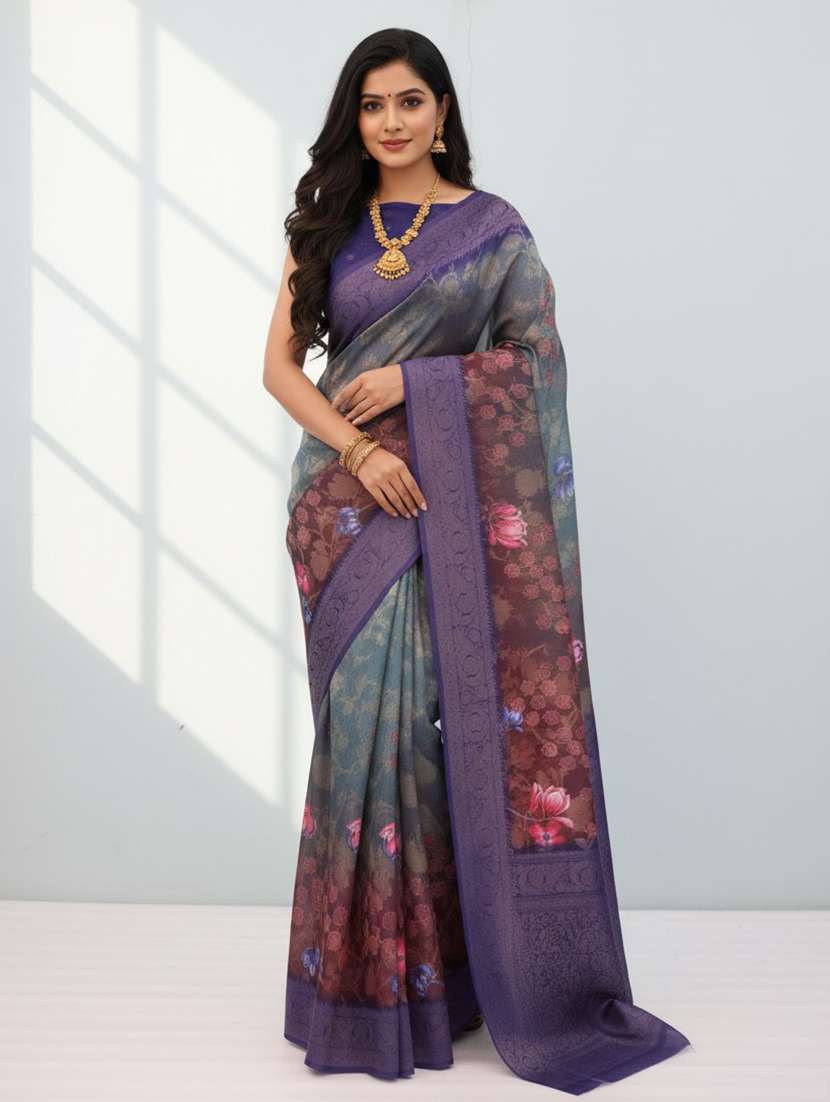 women printed bordered saree with blouse