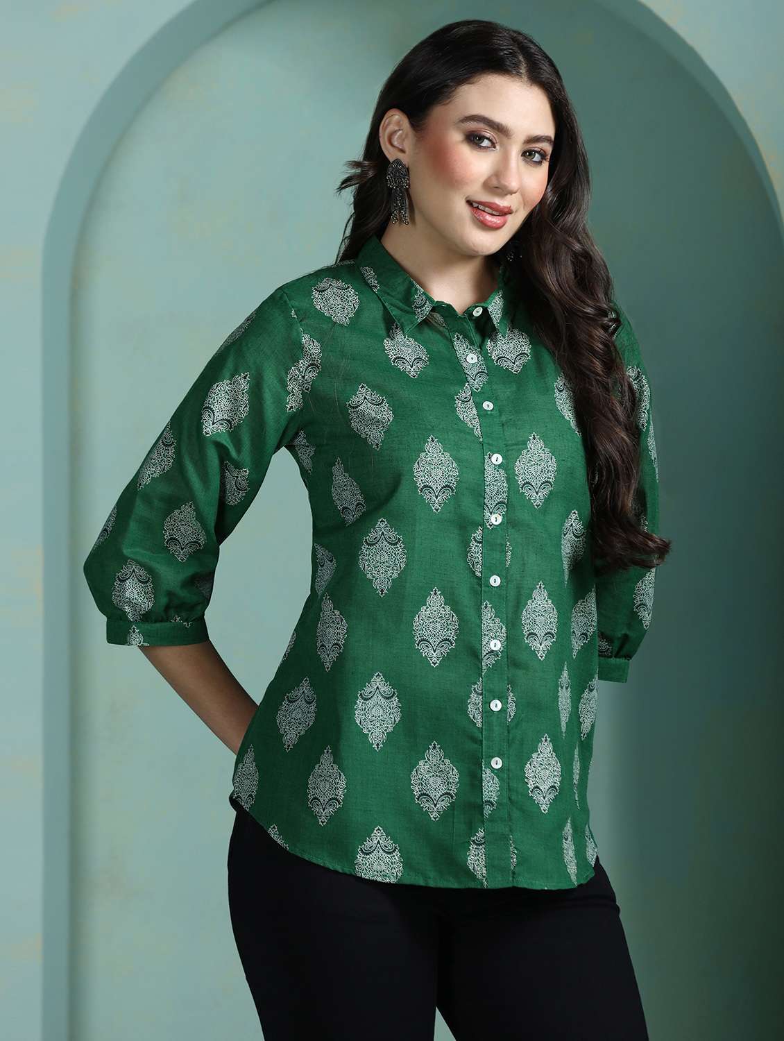  women green cotton a-line tunic - 22449901 -  Standard Image - 2