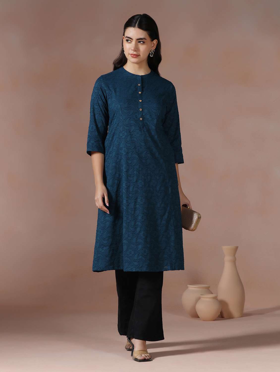  women blue cotton a-line kurta - 22449905 -  Standard Image - 2