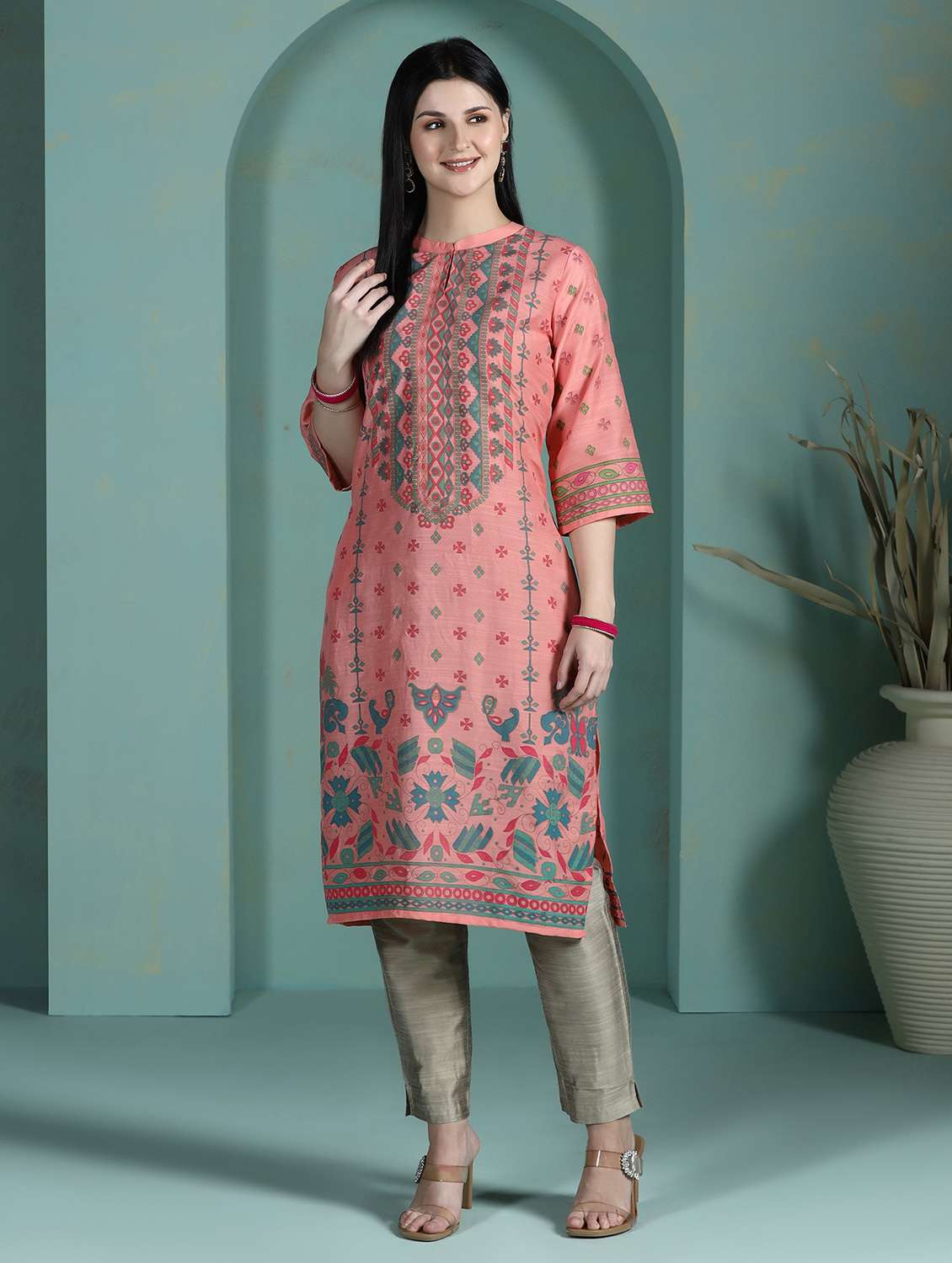  women peach rayon straight kurta - 22449915 -  Standard Image - 2