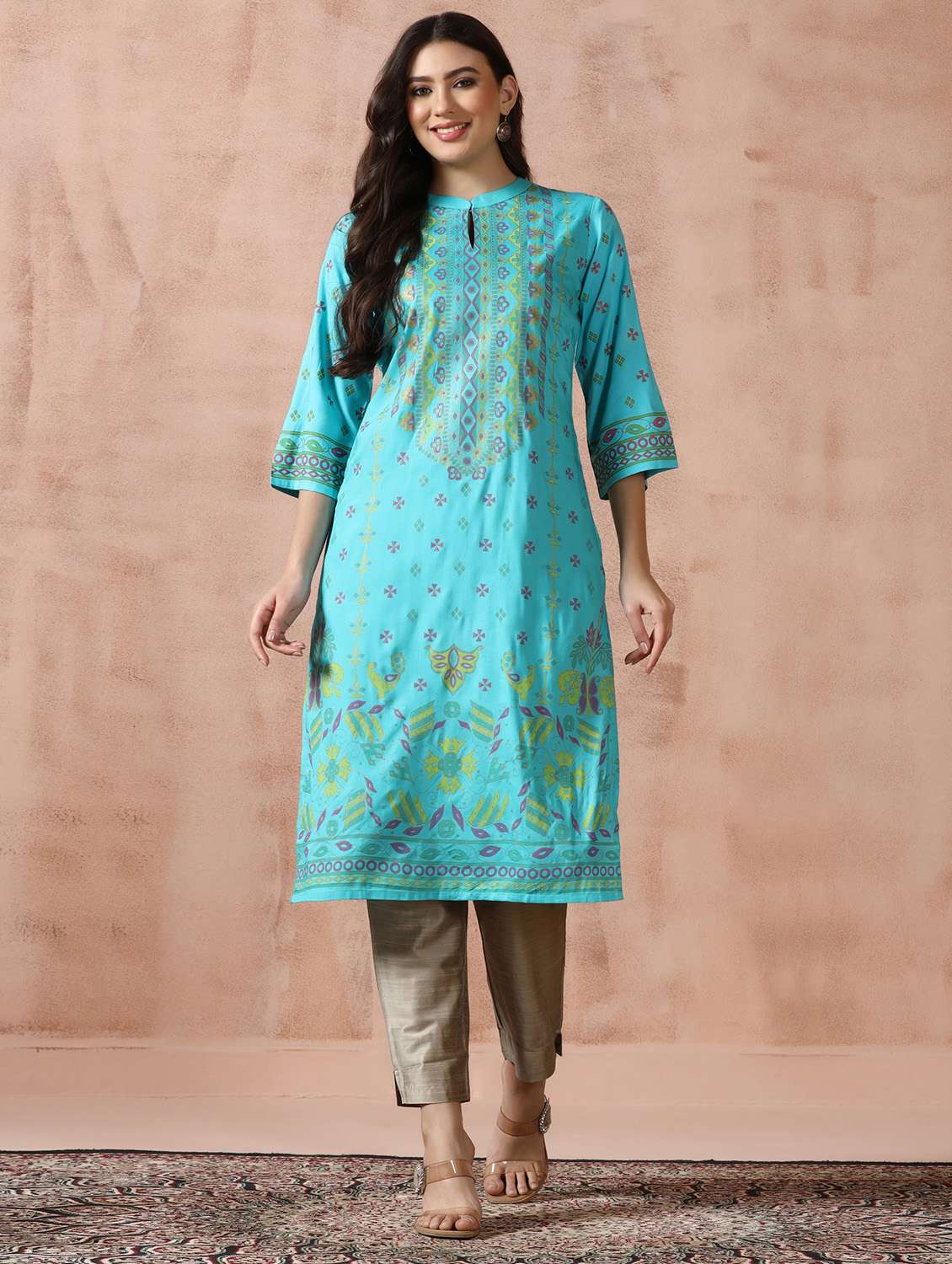  women turquoise rayon straight kurta - 22449916 -  Standard Image - 2