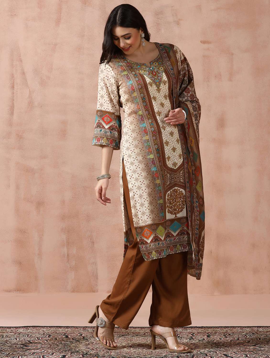 women printed three quarter sleeve kurta pant with dupatta set - 22449938 -  Standard Image - 2