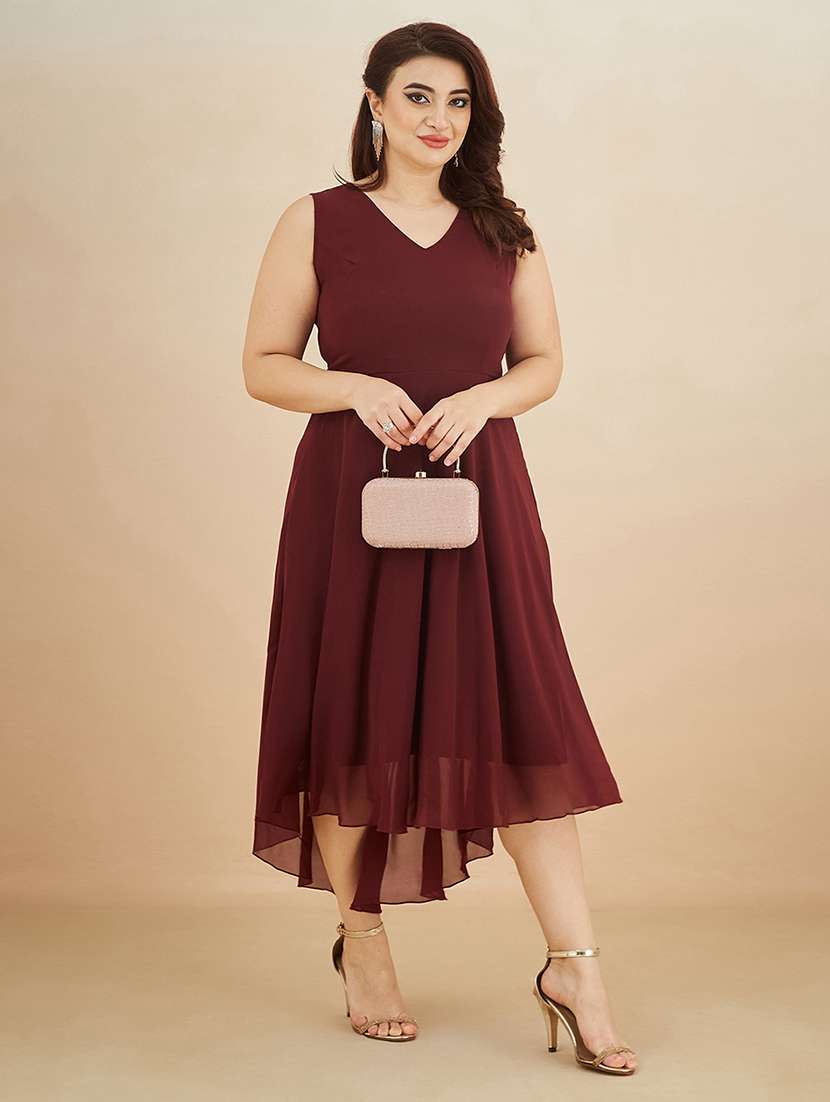 women solid v neck high low dress