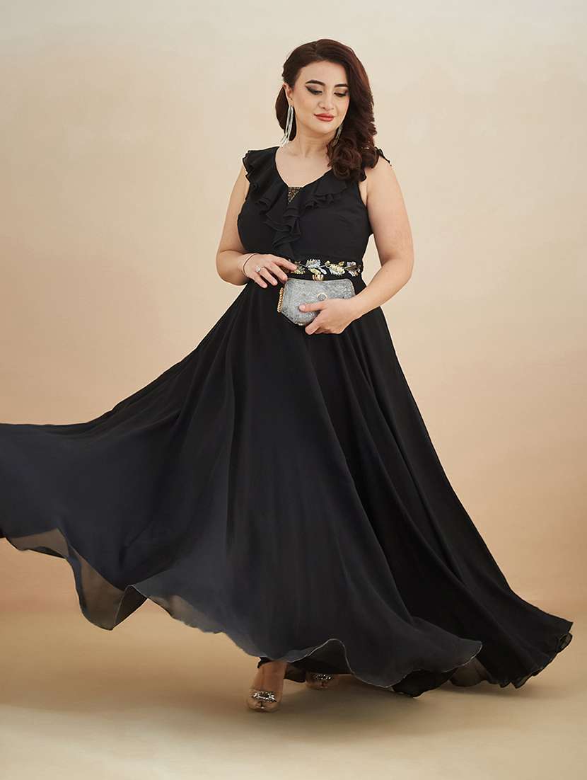 women embroidered sleeveless ruffle detailed gown