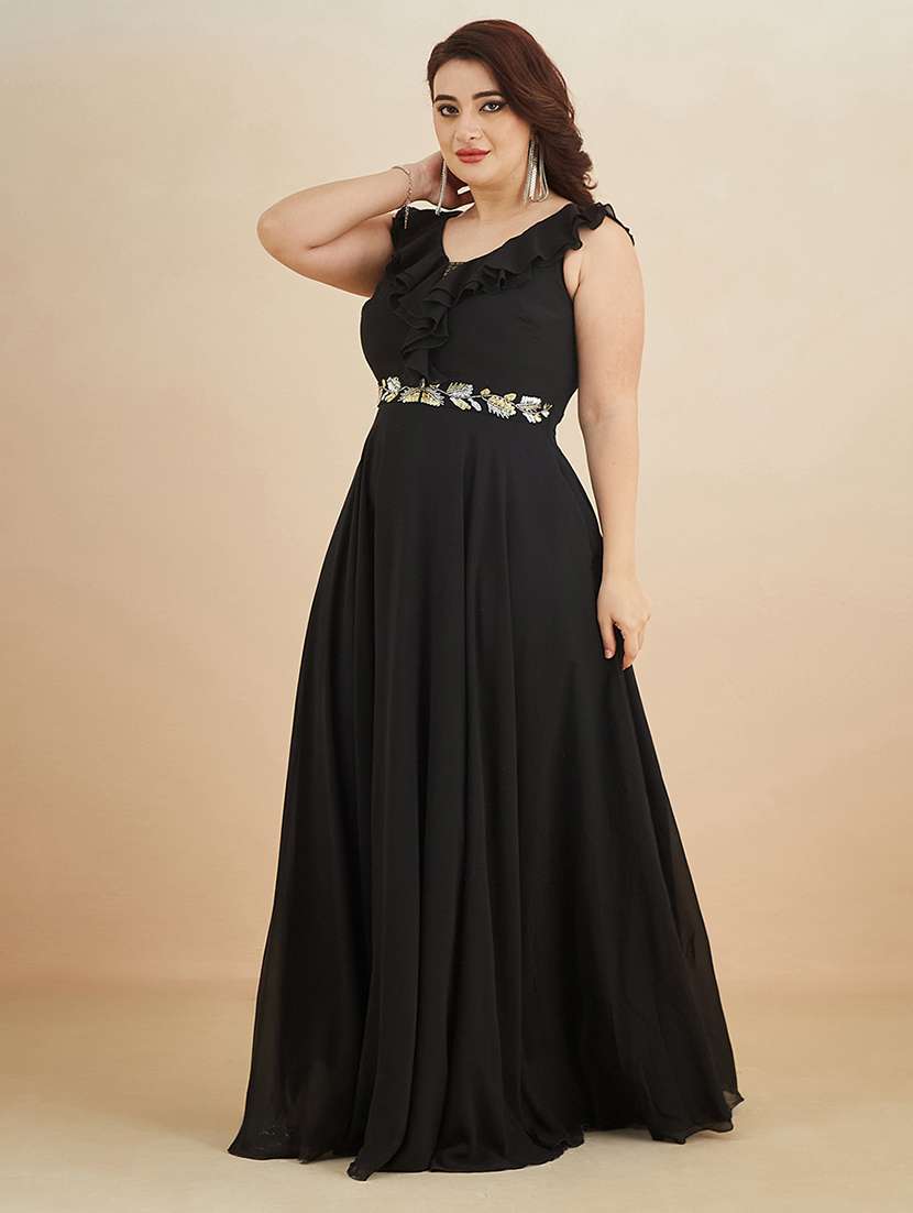 women embroidered sleeveless ruffle detailed gown - 22450523 -  Standard Image - 2