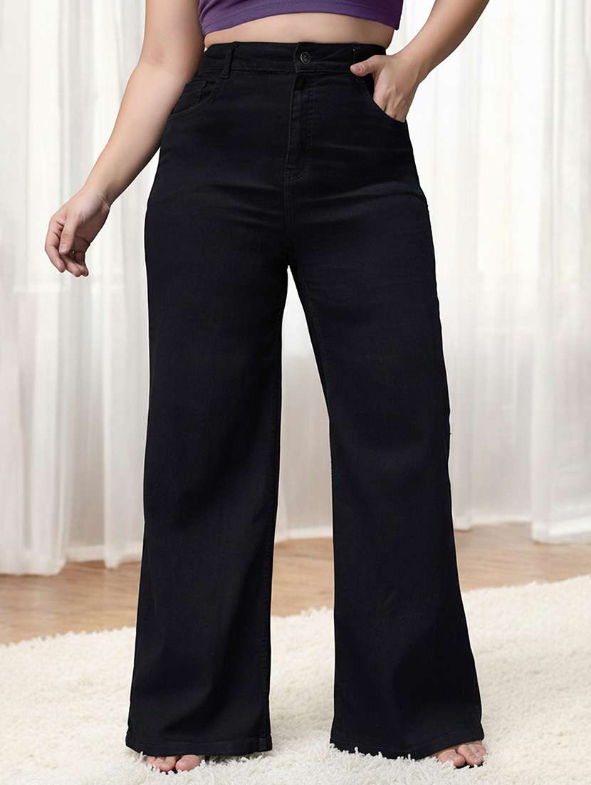 women solid high rise wide leg jean
