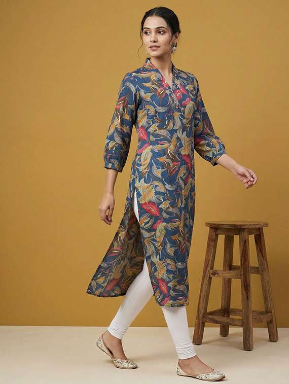 Women Blue Viscose Straight Kurta - 22450660 -  Standard Image - 2