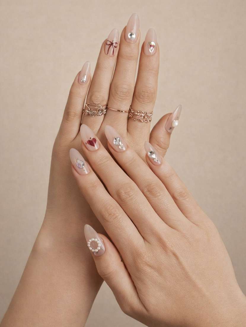 stick-on artificial nails set of 12 with rhinestone & heart design - 22451519 -  Standard Image - 2