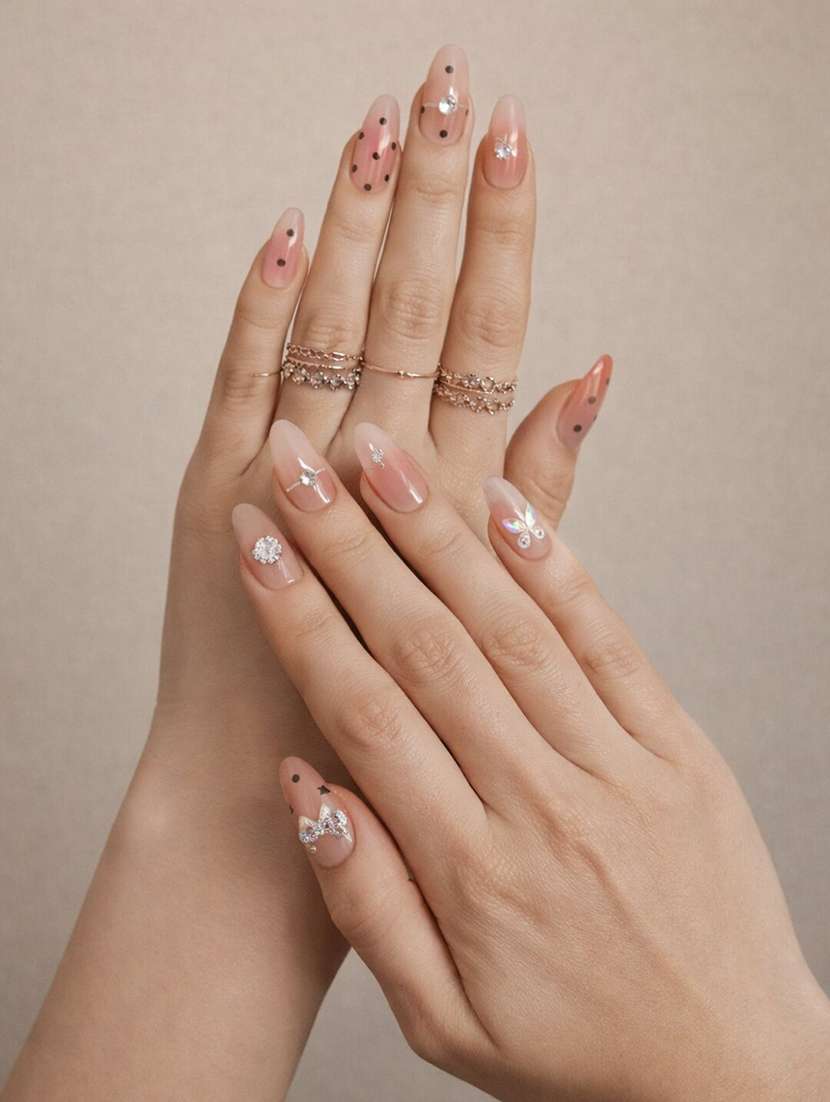 pink ombre stick on artificial nails set of 12 with butterfly pearl rhinestone design - 22451521 -  Standard Image - 2