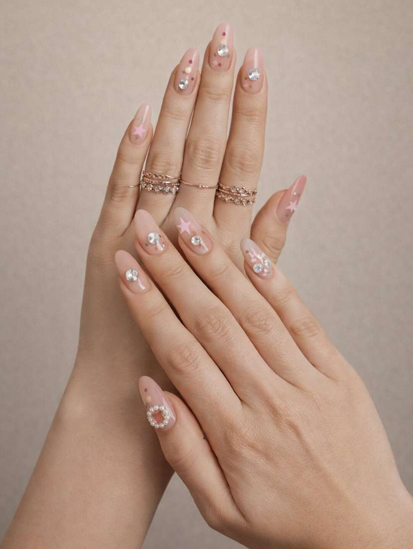 nude pink star design stick on artificial nails set of 12 with rhinestone & butterfly charm - 22451522 -  Standard Image - 2