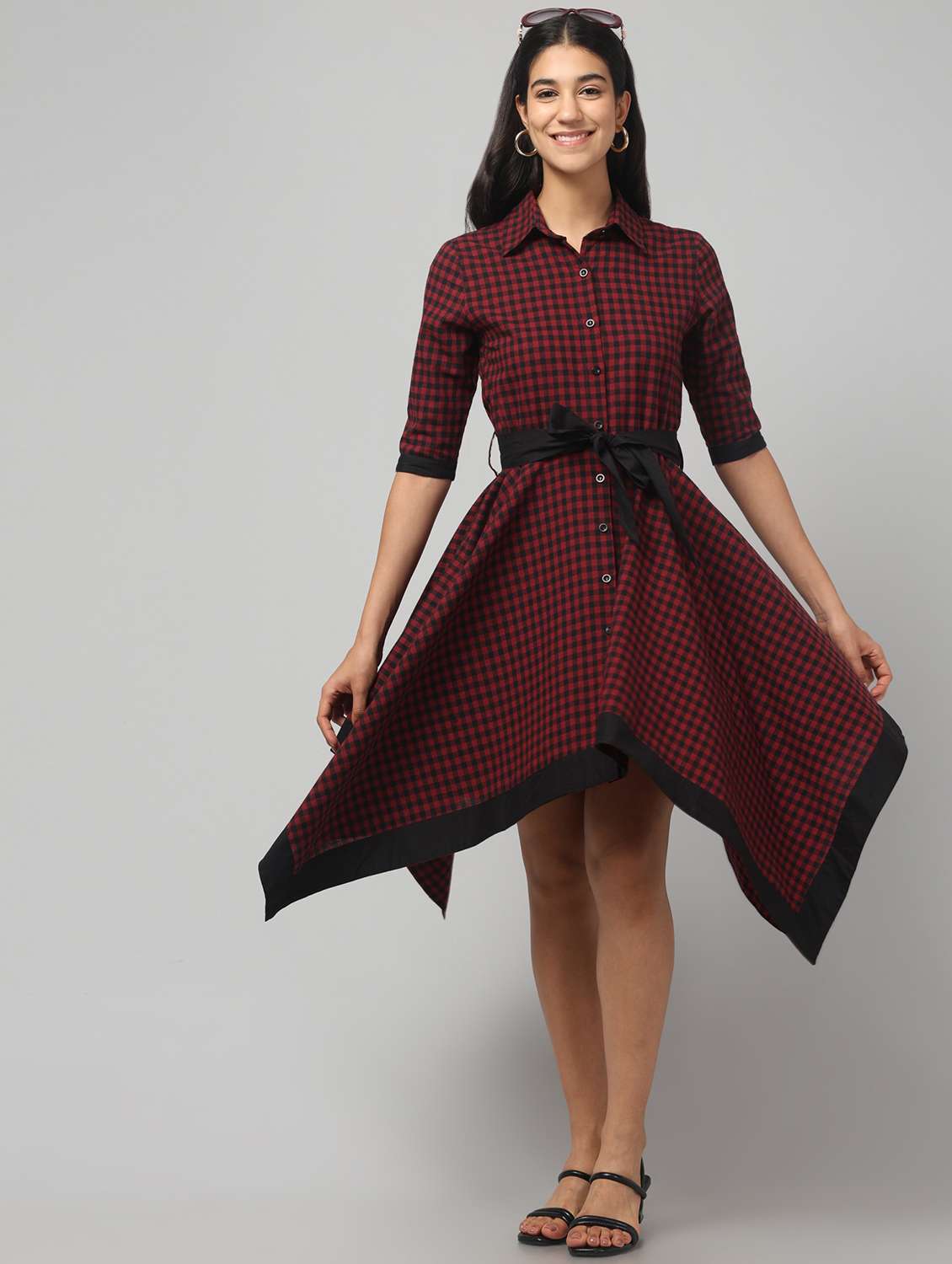 women checkered collared asymmetric dress