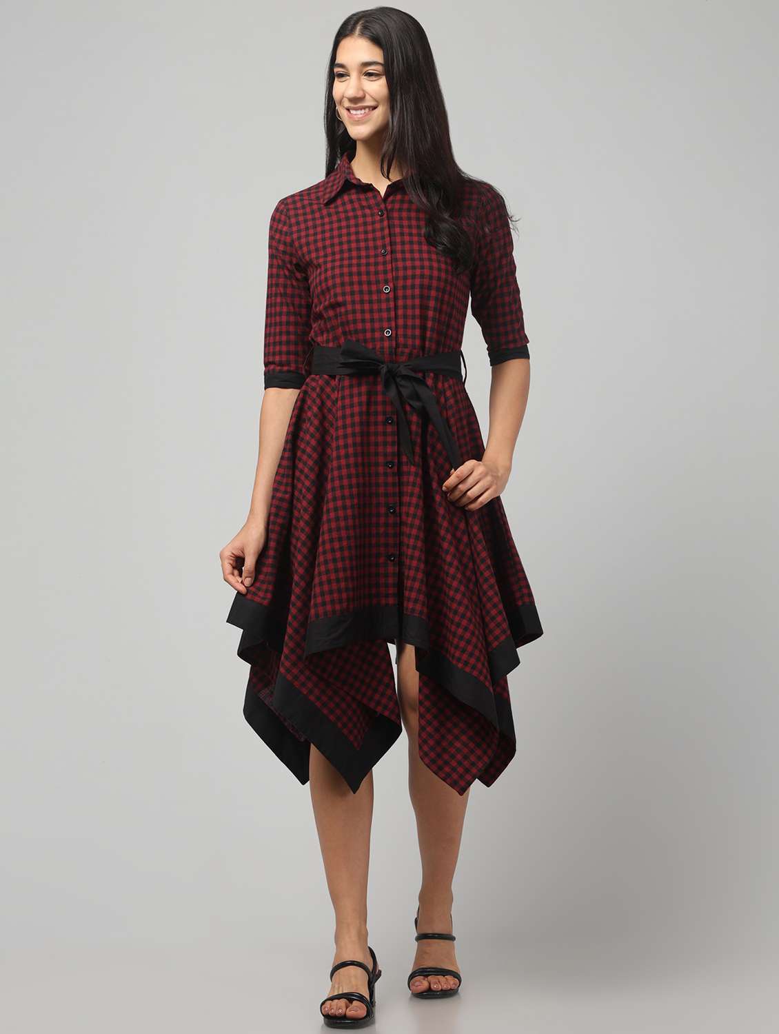 women checkered collared asymmetric dress - 22451704 -  Standard Image - 2
