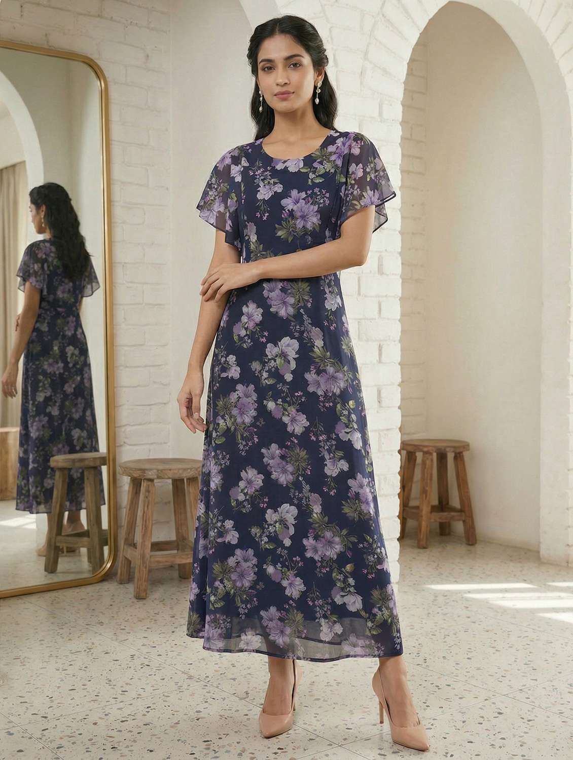 woemn floral round neck a-line dress