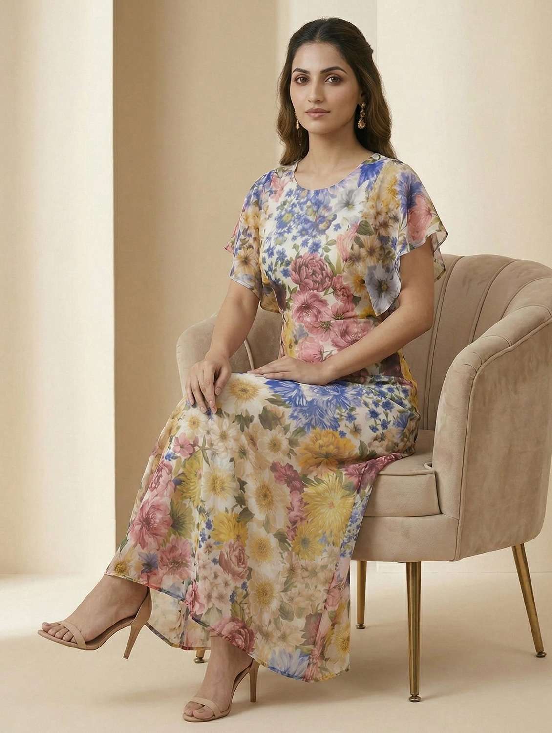 women floral printed round neck a-line dress