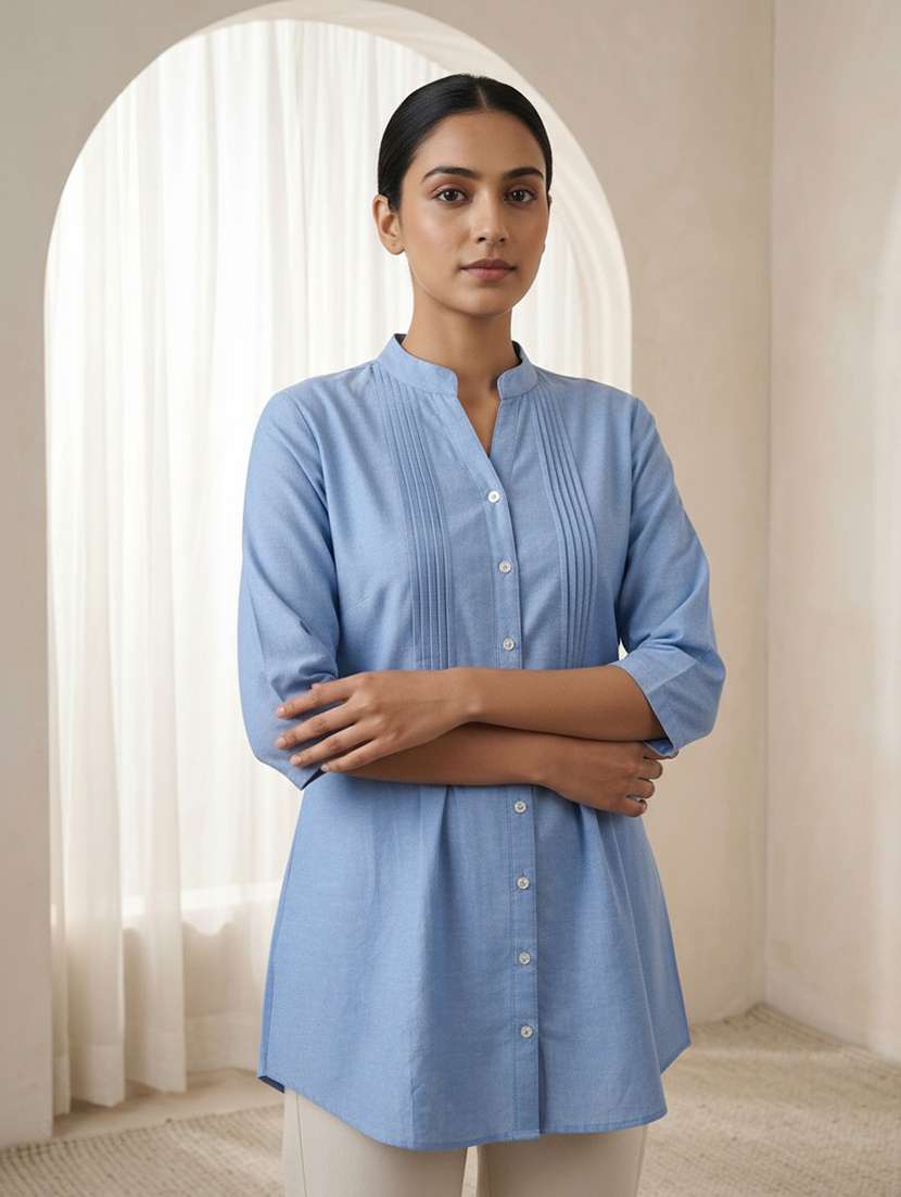 women solid three quarter sleeve a-line tunic - 22451718 -  Standard Image - 2