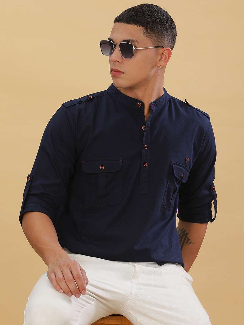 men solid mandarin neck short pathani kurta