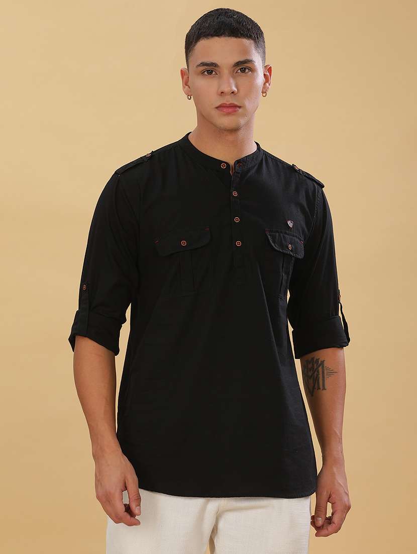 men solid mandarin neck short pathani kurta - 22451764 -  Standard Image - 2