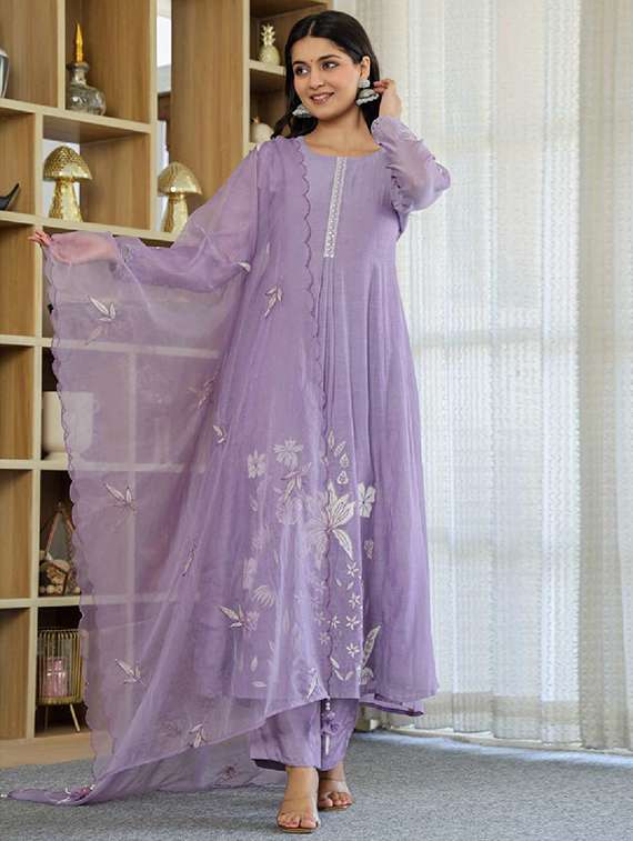 women lavender self design  kurta pant set