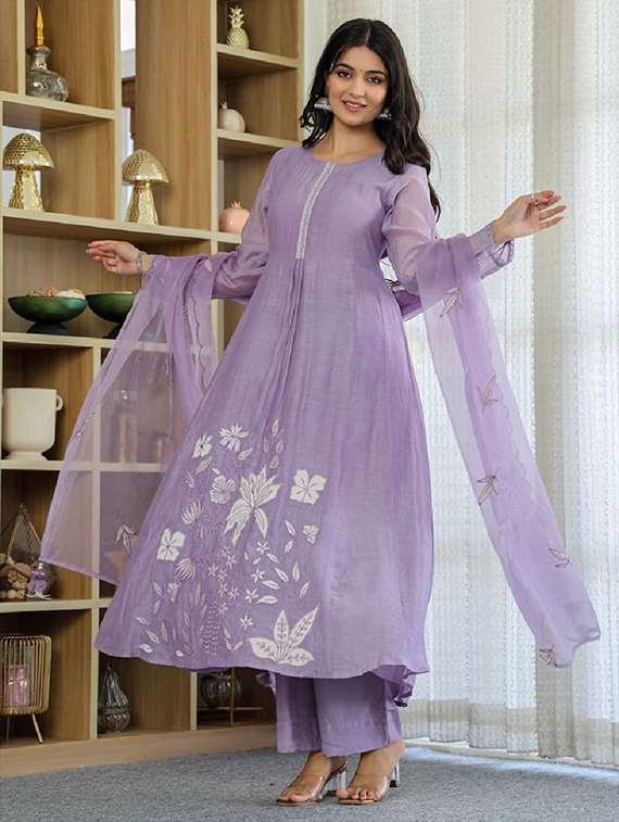 women lavender self design  kurta pant set - 22451847 -  Standard Image - 2
