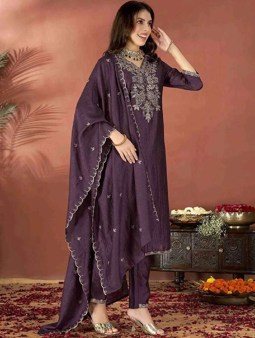 women solid with work three quarter sleeve kurta pant with dupatta set - 22451871 -  Standard Image - 2