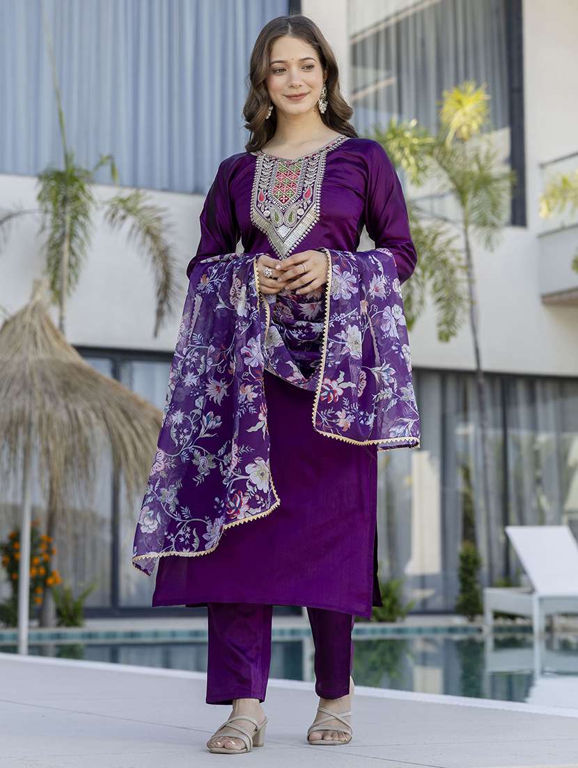 women purple self design  kurta pant set - 22451872 -  Standard Image - 2