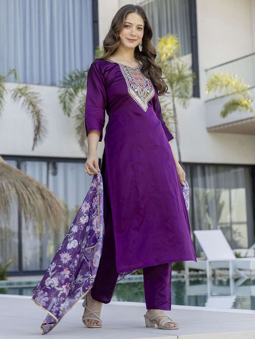 women purple self design  kurta pant set - 22451872 -  Standard Image - 7