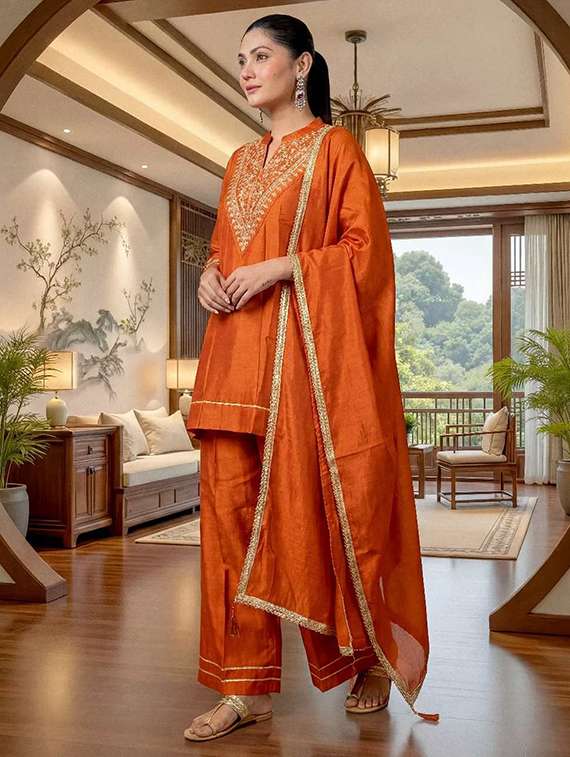 women orange self design  kurta pant set - 22451892 -  Standard Image - 2